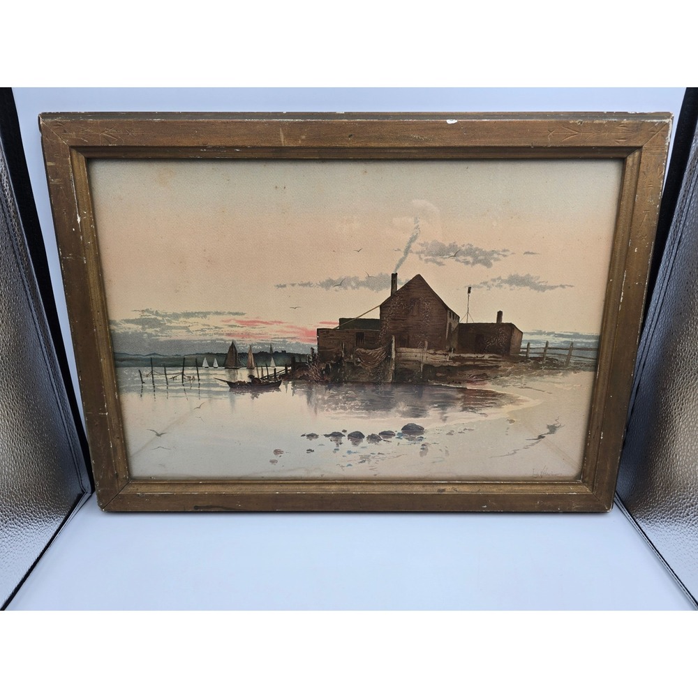 Louis K Harlow Watercolor Painting Antique Coastal Sunset Sailboats ornate Frame